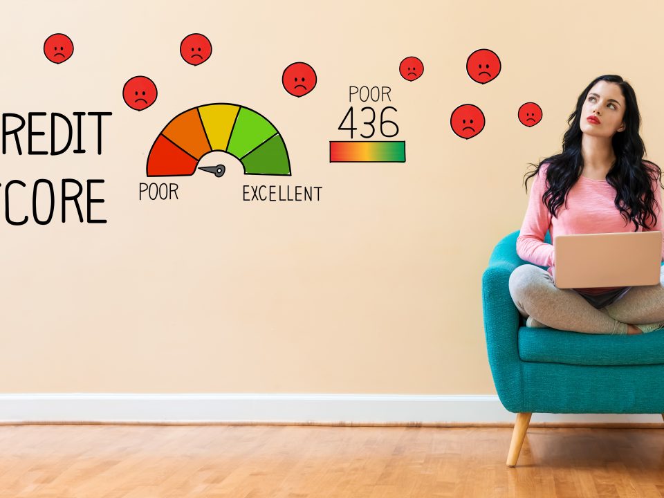 An image of a woman sitting in a chair with illustrations pointing to a decreased credit score.