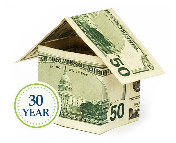 An image of a couple of fifty dollar bills folded to look like a home with the badge "30 year."