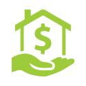 An icon of a hand holding a house with a dollar sign in the center.