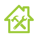 A vector image of a house with a crossed hammer and wrench.